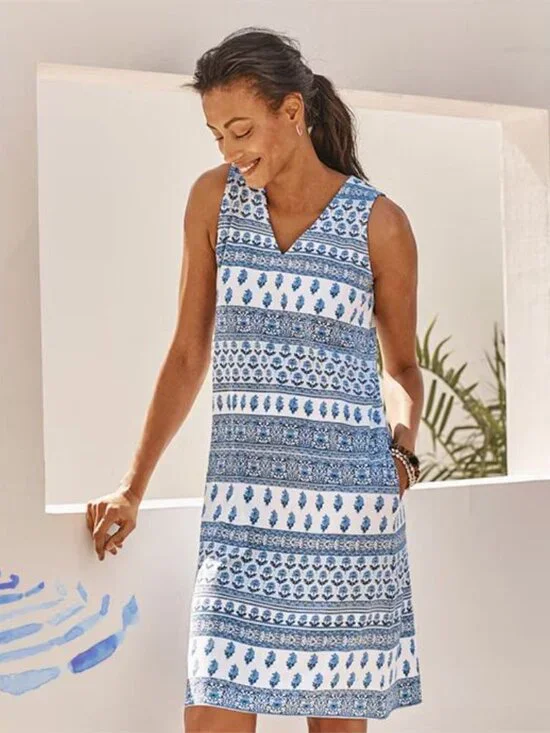 J.Jill Wearever Collection Blue White Sleeveless A-line Beach Dress Pockets - SP - Picture 9 of 9